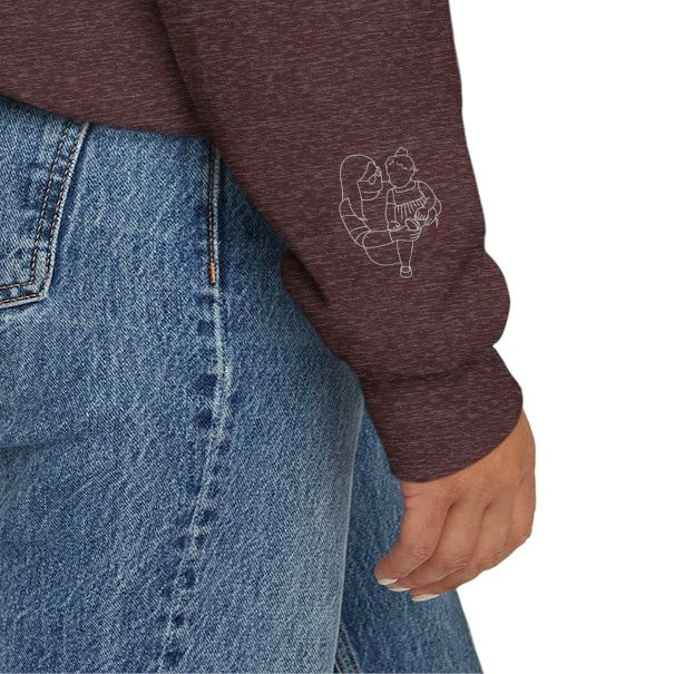Custom Line Art Sweatshirt — Personalized Text + Sleeve Illustration (From Your Photo!)