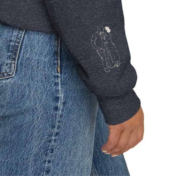 Custom Line Art Sweatshirt — Personalized Text + Sleeve Illustration (From Your Photo!)